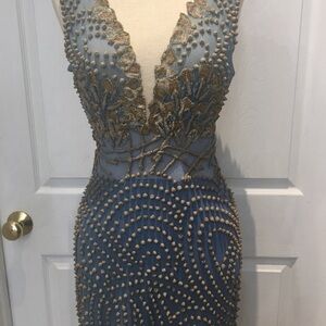 One of a Kind - Glamorous Backless Blue Dress with Gold Detailing